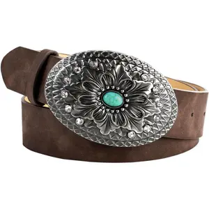 Scarlet Darkness Western Belt for Women Leather Cowgirl Belt with Turquoise Buckle Country Belts for Jeans Dresses