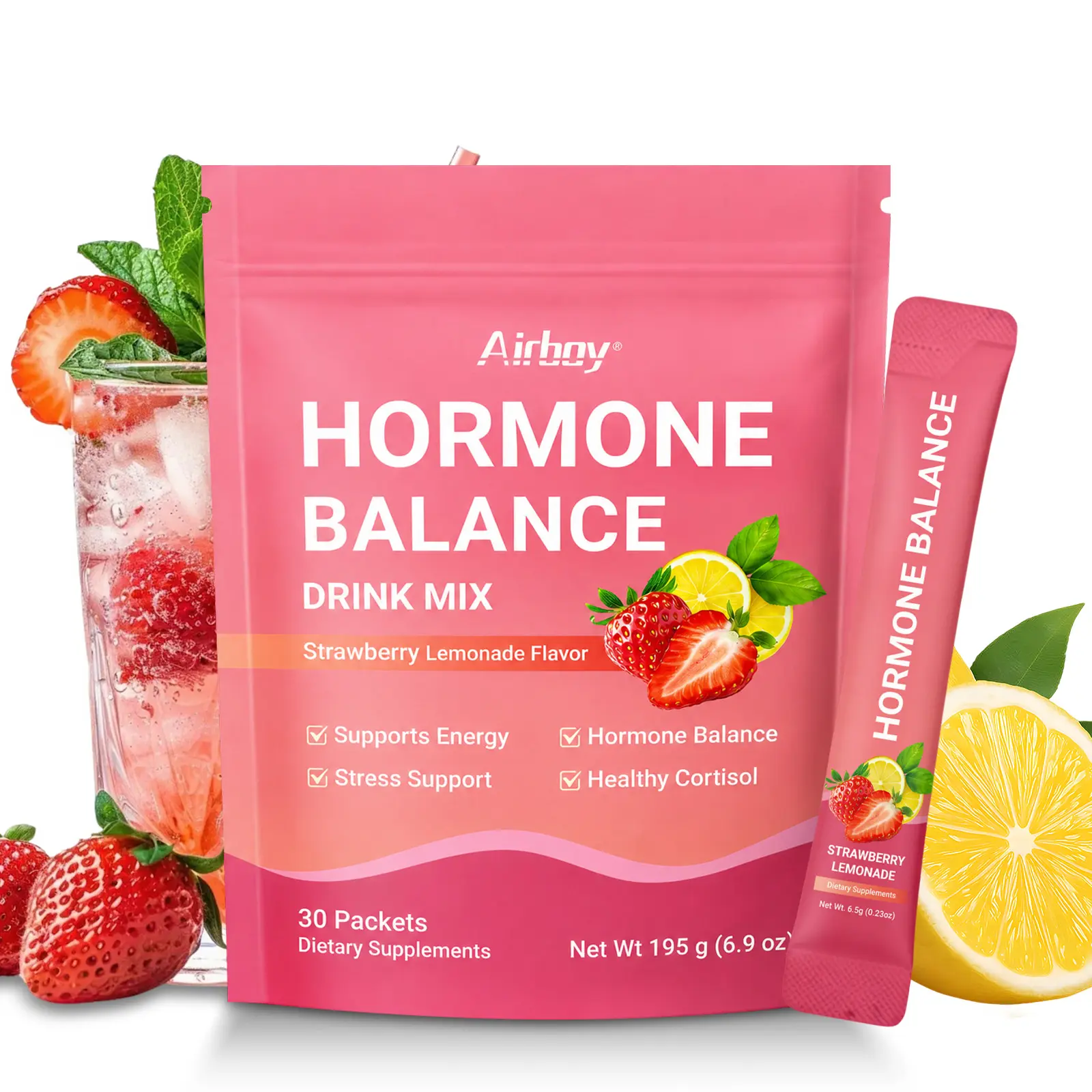 Hormone Balance for Women, Female Hormonal Support Drink Mix with Myo-inositol, Magnesium, Rhodiola Rosea, Vitamin C, Cortisol Supplement for Women, Vegan, Sugar-Free, Non-GMO, 30 Stick Packs