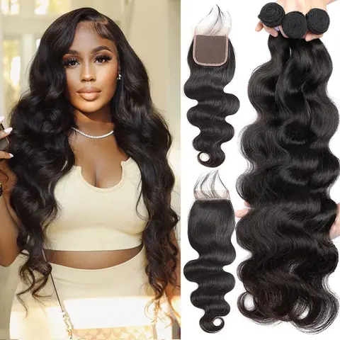 Body Wave Bundles with Closure Human Hair 3 Bundles with 4x4 Lace Closure 100% Brazilian Virgin Body Wave 3 Bundles Human Hair with 4x4 Lace Closure