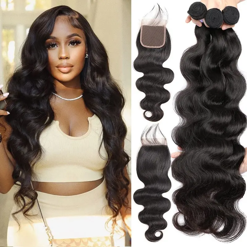 Body Wave Bundles with Closure Human Hair 3 Bundles with 4x4 Lace Closure 100% Brazilian Virgin Body Wave 3 Bundles Human Hair with 4x4 Lace Closure