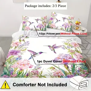 3-Piece Hummingbird Bedding Set, Animal Themed Quilt Cover, Bedroom Decor Guest Room, Floral Flat Print, Includes 1 Quilt + 1/2 Pillowcases