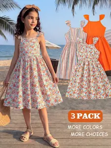 Young Girls Floral Striped Full Print Solid Color Halter Cute Casual Dress Three-Piece Set, Stylish & Comfortable