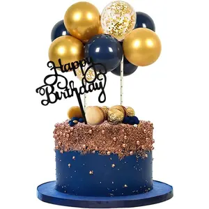 Happy Birthday Cupcake Toppers - Navy Gold Mini Balloon Cloud Birthday Cake Decorations for Boys Men Party Decorations