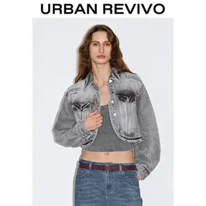 URBAN REVIVO Women's Fitted Cropped Denim Jacket - Denim Fabric, Normal Fit, Elegant Short Outerwear, Women's Clothes, Clothes, Casual Versatile 2025 Fashion OOTD Outfit (UWJ850067)
