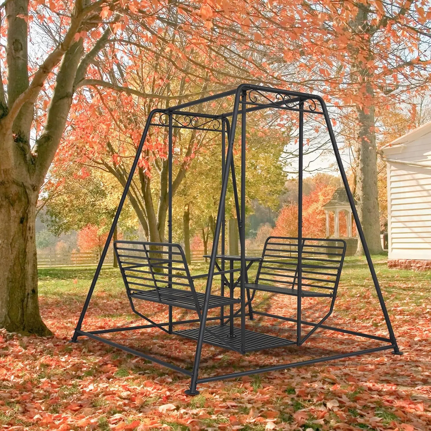 4-Seat Outdoor Patio Swing Chair with Stand, Heavy Duty 880 LBS Weight Capacity Metal Swing Bench with Table, 87”Height Porch Swings Set for Patio Garden Backyard