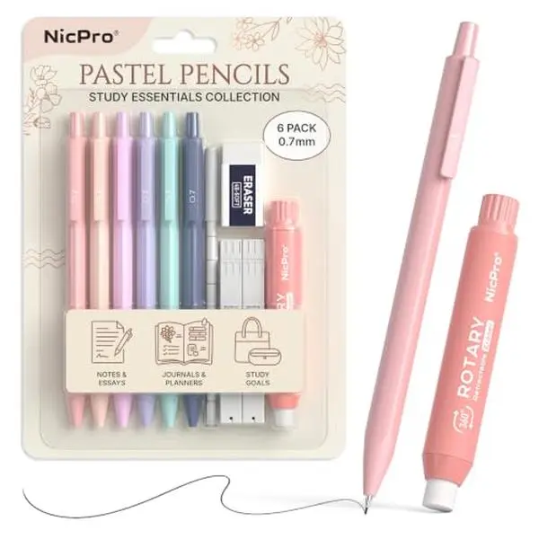 Nicpro Pastel Mechanical Pencil Set, 0.7mm Cute Pencils, 6 Pack | 4 Tube HB Lead Refill, 4B Eraser, Rotary Retractable Eraser, Eraser Refills, Aesthetic School Supplies for Teen Girls