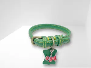 KLASSIC Handmade Leather Dog Collar with Rhinestone Tag
