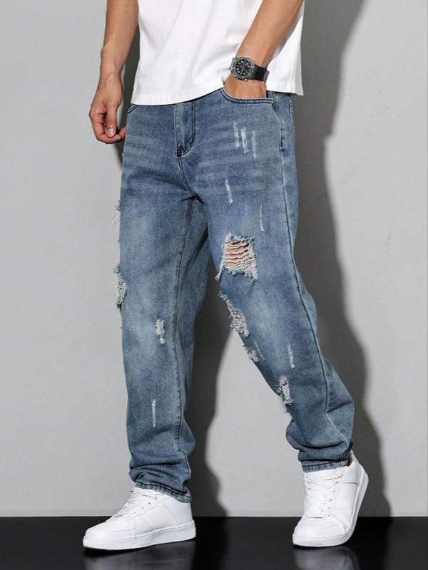 Men's Ripped Denim Jeans, Fashion Street Style, All-Season Wear, Trendy Hole Design, Comfortable Fit, Stylish Men's Clothing