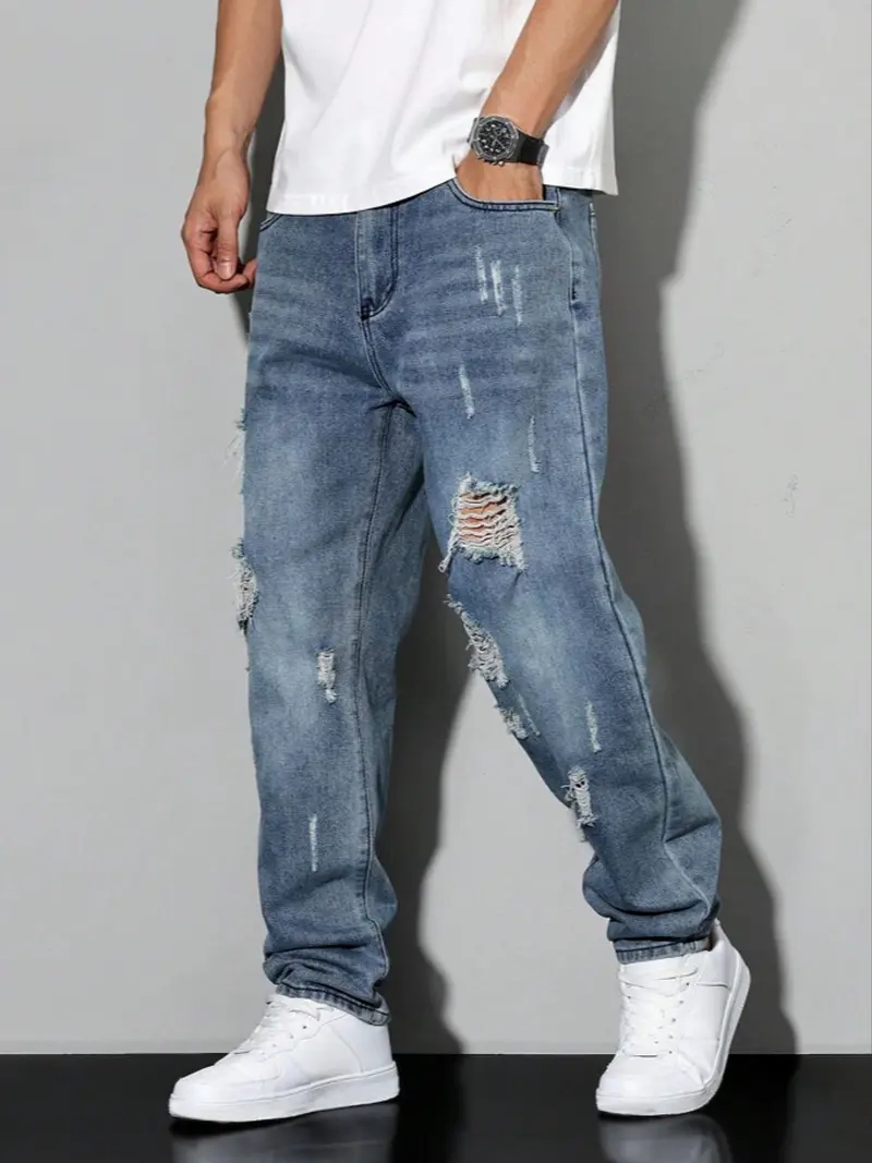 Men's Ripped Denim Jeans, Fashion Street Style, All-Season Wear, Trendy Hole Design, Comfortable Fit, Stylish Men's Clothing