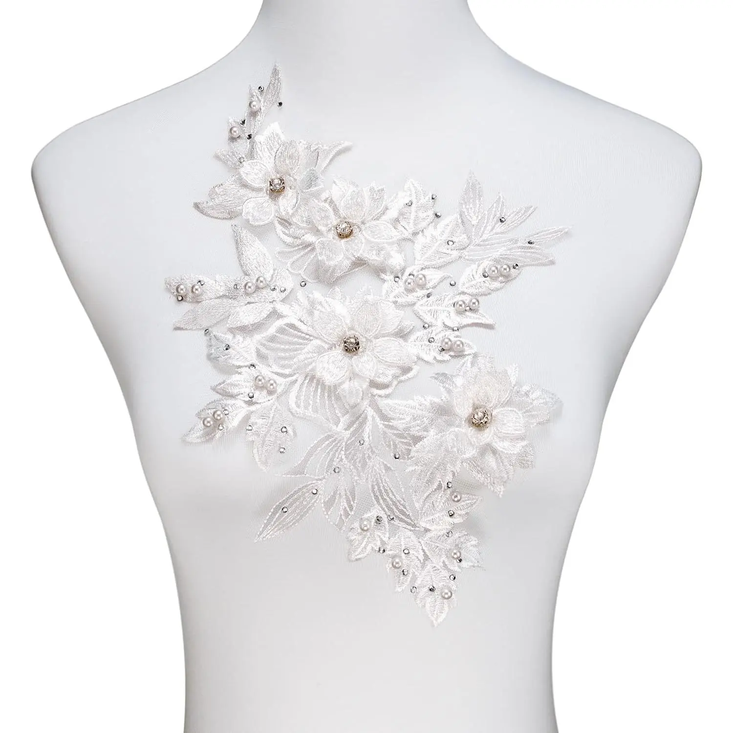 3D Embroidered Flower Lace Applique - Beaded, Rhinestone, Pearl Decor DIY Patch Accessory for Wedding Dresses, Necklines, Bodices (White-Left)