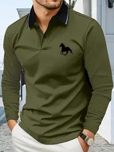 Spring and autumn men's long-sleeved POLO shirt lapel long-sleeved T-shirt daily versatile classic Galloping Horse print sports casual daily outing outdoor light business top