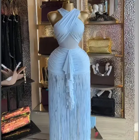 PULKRITU Women's Cross Strap Sleeveless Fringe Maxi Formal Prom Dress,Evening Prom Gown,Evening Gowns,Spring Lady Skirts,Sexy Design Elegant Style Party Outfit,Evening Cocktail Night Tassel Chic Engagement Dresses,
