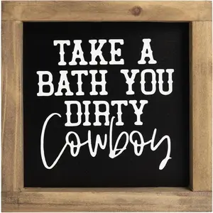 Western Cowboy Bathroom Wooden Sign - 6x6 Inch, 0.8 Inch Thick, Black & White with Brown Frame, Perfect for Washroom Decor