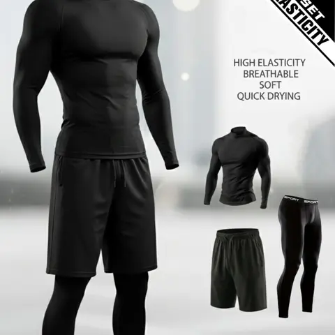 Men's 3 Piece Performance Workout Set, Long Sleeve Gym Shirt, Training Pants and Athletic Shorts, Breathable Stretch Activewear Sweat Suit for Fitness Training Clothes, Running, Workouts and Daily Sports Wear