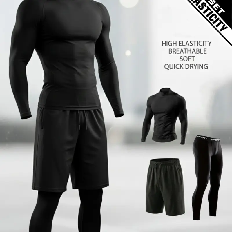 Men's 3 Piece Performance Workout Set, Long Sleeve Gym Shirt, Training Pants and Athletic Shorts, Breathable Stretch Activewear Sweat Suit for Fitness Training Clothes, Running, Workouts and Daily Sports Wear
