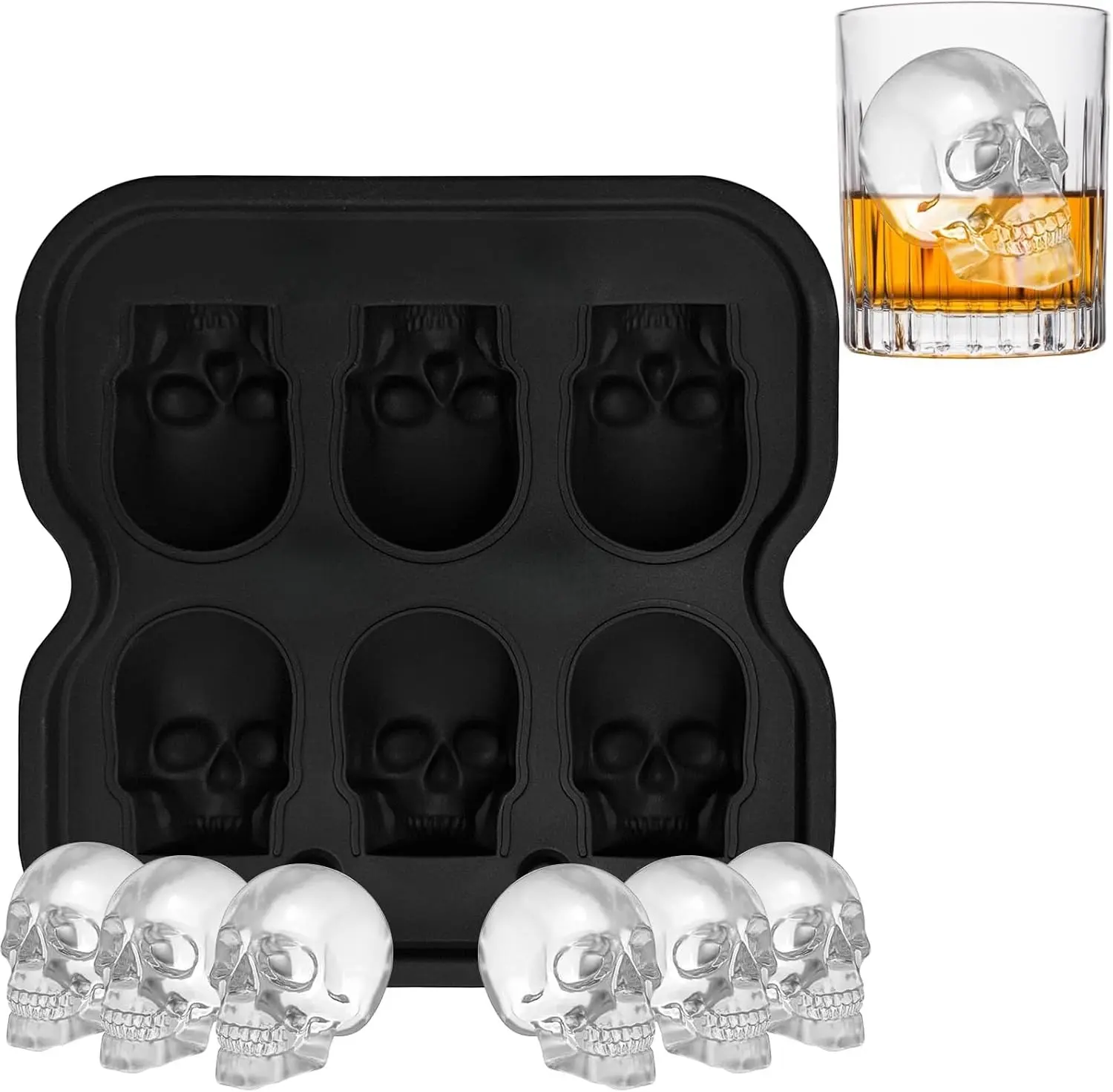 Set of 6 3D Skull Silicone Ice Molds, Flexible Reusable Freezer Ice Tray, Skull Ice Cubes for Whiskey, Cocktails & Champagne Party Drinks