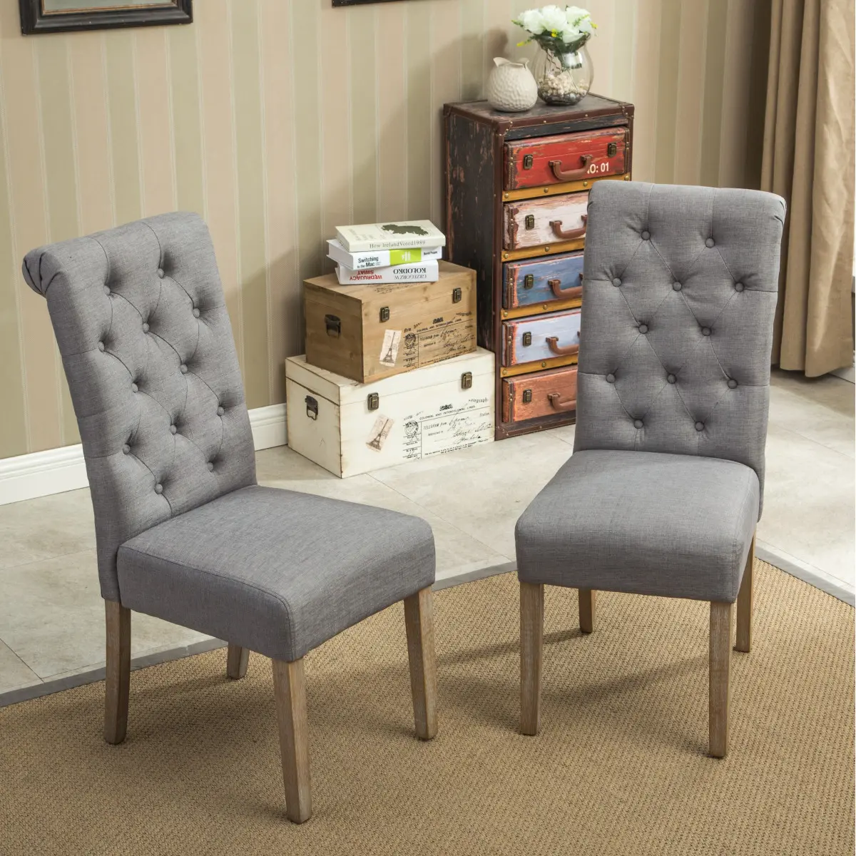 [Bellemave] Set of 2 Tufted Parsons Dining Chairs, Upholstered High-Back Chairs with Wooden Legs