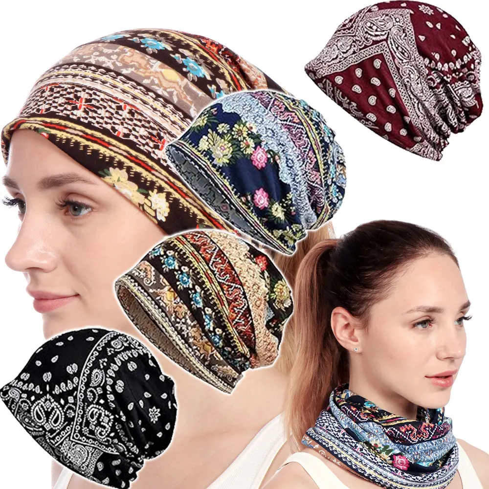 Slouchy Beanie Turbans for Women, 4 Pack Floral Print Polyester Headwear, Elastic Chemo Hats for Casual Wear & Camping
