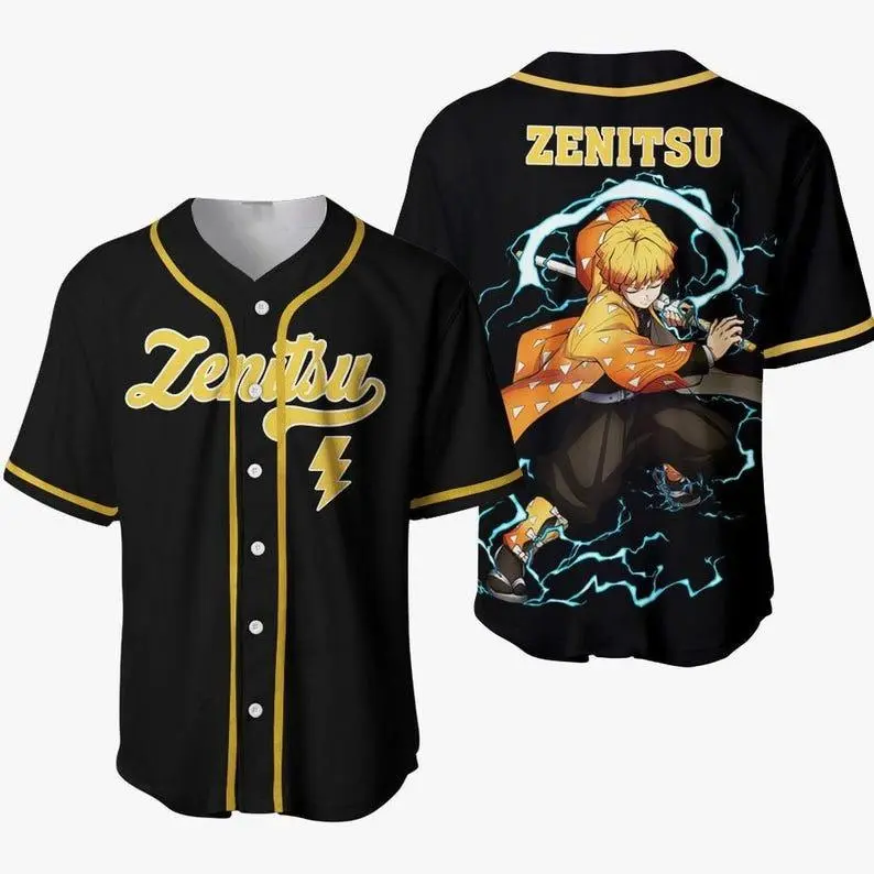 Men's Demon Slayer Agatsuma Zenitsu Baseball Jersey - Nichirin Sword, Thunder Breathing Graphics - Kimetsu No Yaiba Anime Manga Fan Apparel