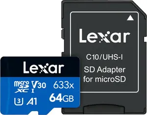 Lexar High-Performance 633x 64GB microSDXC UHS-I Card w/ SD Adapter, C10, U3, V30, A1, Full-HD & 4K Video, Up To 100MB/s Read, for Smartphones, Tablets, and Action Cameras (LSDMI64GBBNL633A)
