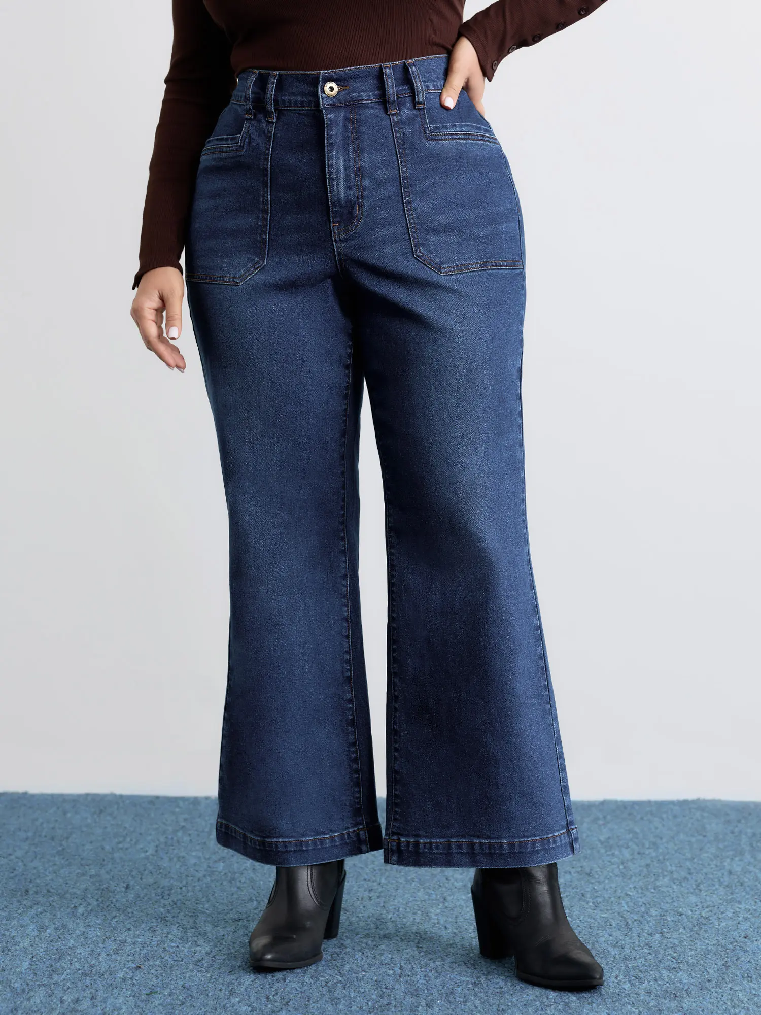 BLOOMCHIC Plus Size Stretchy Cotton-Spandex Garment, Y2K Summer Turn-Up High-Stretch Full-Length Flared Jeans, Midblue Tummy-Control Leg Fit with Slanted Pockets, No Snap Fastener, [M-6X] Fit Bottom  Fit Fabric,Summerfinds