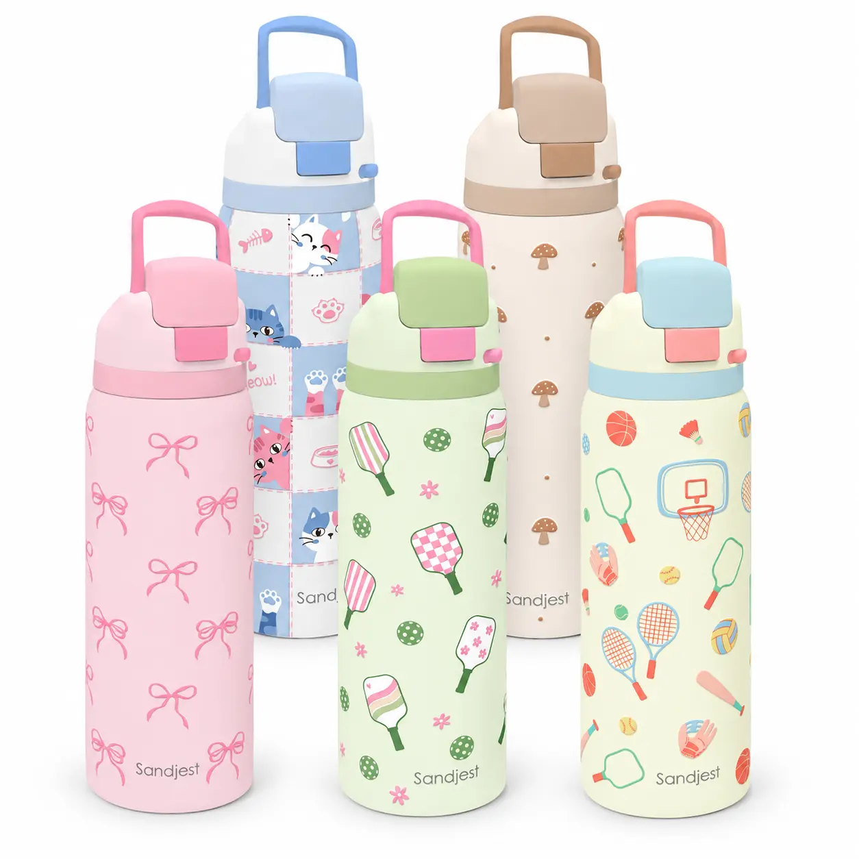 SANDJEST 32oz Stainless Steel Push-Button Water Bottle, Insulated Travel Bottle for Daily Hydration – Assorted Designs