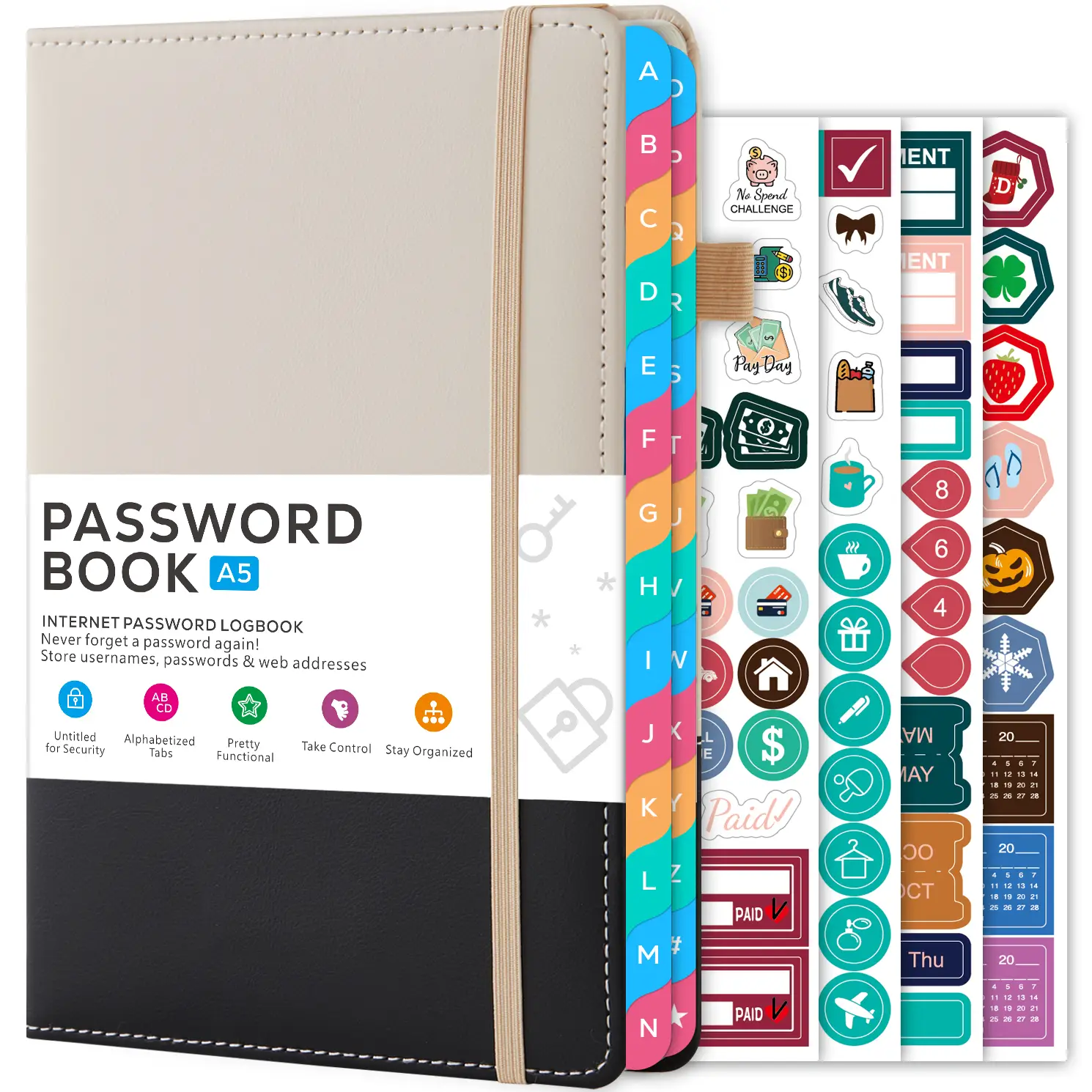Password Book With Colorful Alphabetical Tabs, Hardcover Password Keeper Book For Internet Address And Password Logbook, Password Notebook With 4 Stic