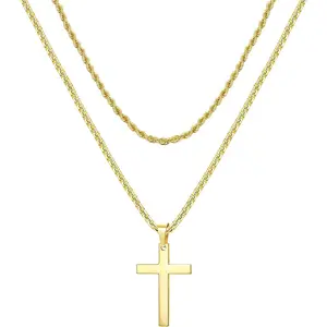 Cassieca Cross Necklace for Men, Stainless Steel Layered Rope Chain Cross Pendant Necklace Simple Jewelry Gifts Chain Necklace for Men Women Boys Girls Daily