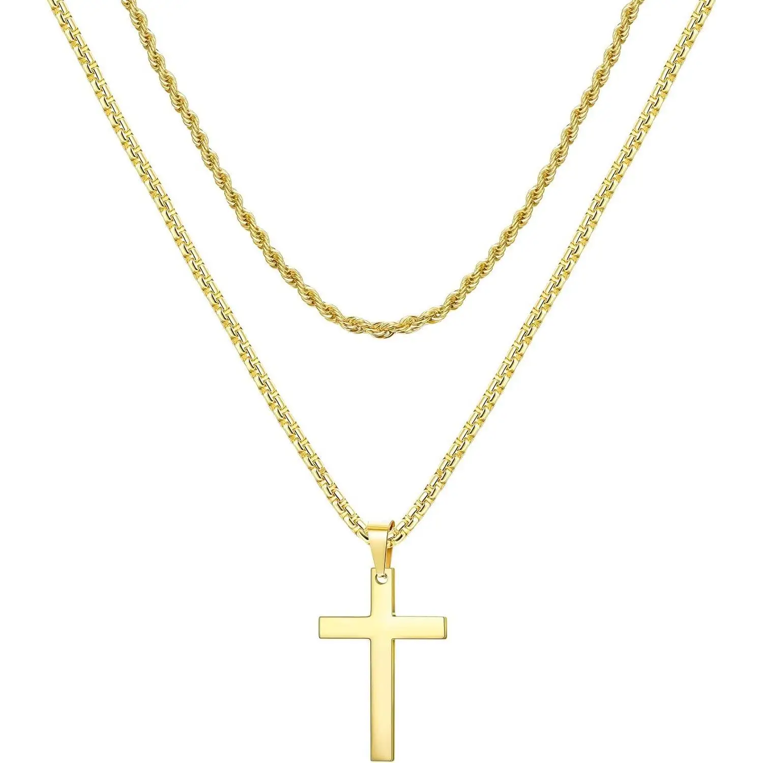 Cassieca Cross Necklace for Men, Stainless Steel Layered Rope Chain Cross Pendant Necklace Simple Jewelry Gifts Chain Necklace for Men Women Boys Girl