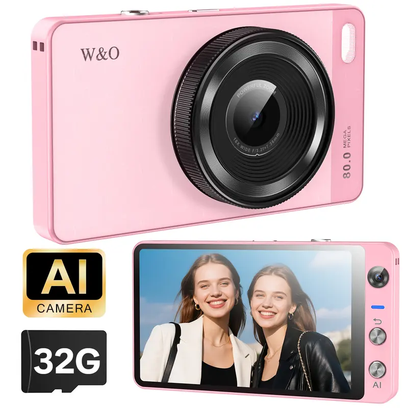 W&O Vintage Compact AI Digital Camera - 4.0'' Touch Screen, 1080p, WiFi, Object Recog., Front & Rear Lenses, SD Card Compatible, Compact & Retro Design, Electronic Point & Shoot for Kids' Birthday Gift