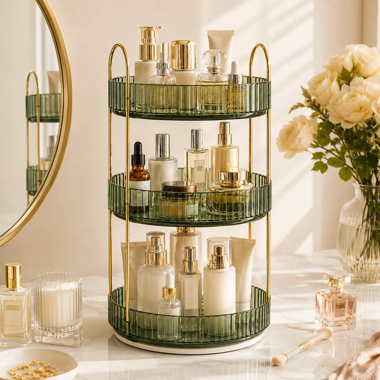 Decorative Gold 3-Tier Freestanding Amber Beauty Organizer, 360° Rotating Vanity Storage Rack for Fragrance, Skincare, Makeup Bottles, Bathroom Dresser Countertop