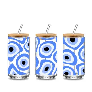 Evil Eye Swirl Pattern 16oz Frosted Glass Tumbler with Bamboo Lid and Straw, Can Shaped Iced Coffee Cup, Reusable Drinking Glassware for Home Office, Spiritual Gift for Mom Women on Birthday