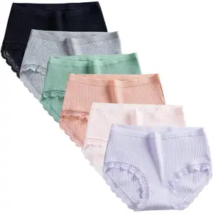 Teen Girls Cotton Underwear 6 Pack Comfort Lace Trim Briefs Panties (Large, Style1)