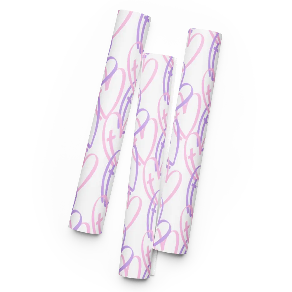 Valentine's Faith Inspired Wrapping Paper Set Pink & Lavender Cross Heart Design for Gifts Flat Sheets Ideal for Special Occasions