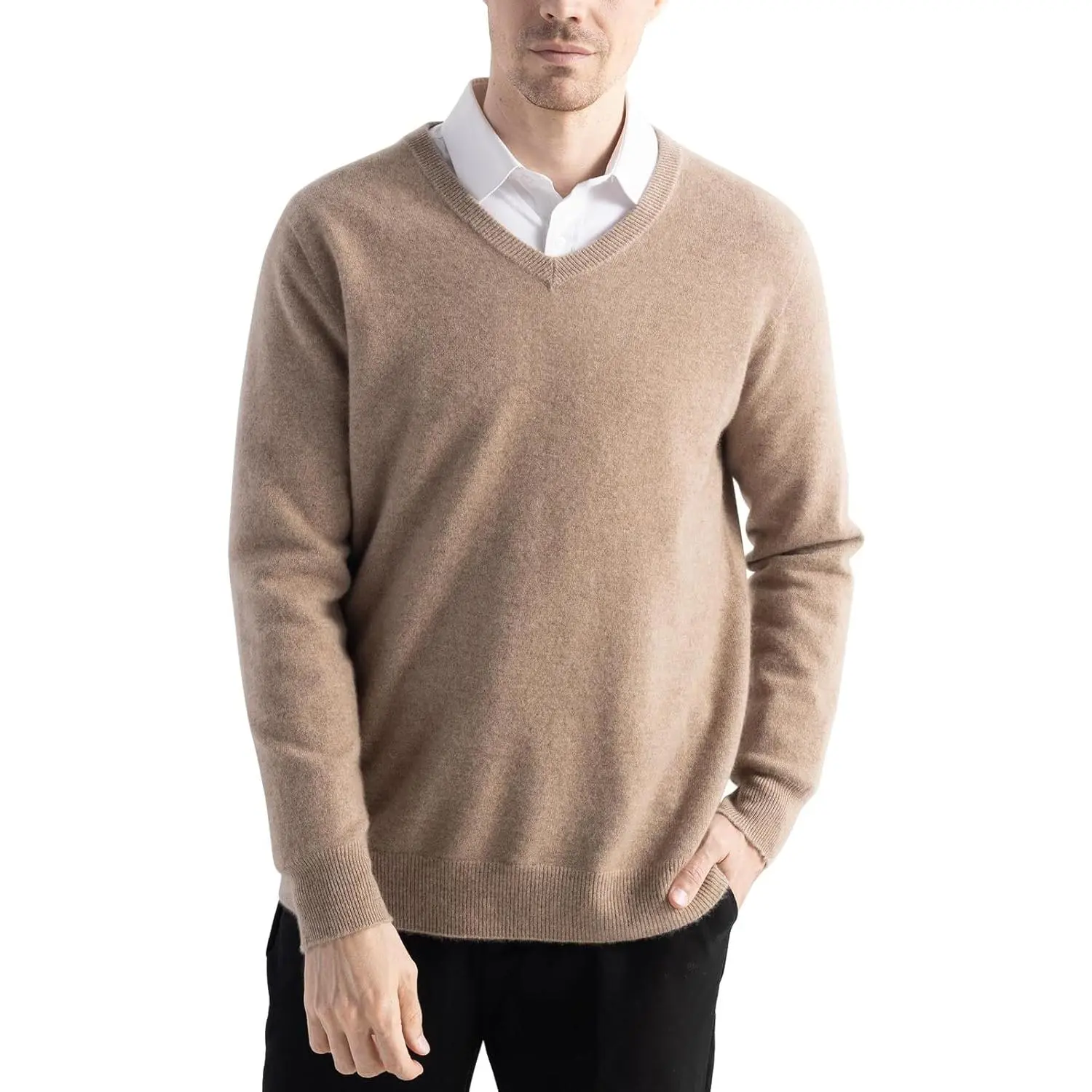 Chanyarn Men's 100% Merino Wool V-Neck 3D Seamless Knitted Long-Sleeve Plain Sweater - 2025 Fall-Winter First-Line Ready-to-Wear Casual Party Top, Natural, Smooth, Stretch, Plush, Anti-Pilling