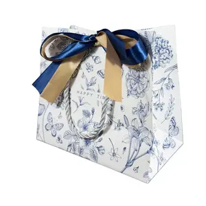 Premium Aesthetic Gift Bag - Blue Floral Butterfly Print - Elegant Handheld Tote for Birthdays, Weddings & Parties - 250g Heavy Duty Cardstock with Ribbon - Perfect Luxury Packaging Bag