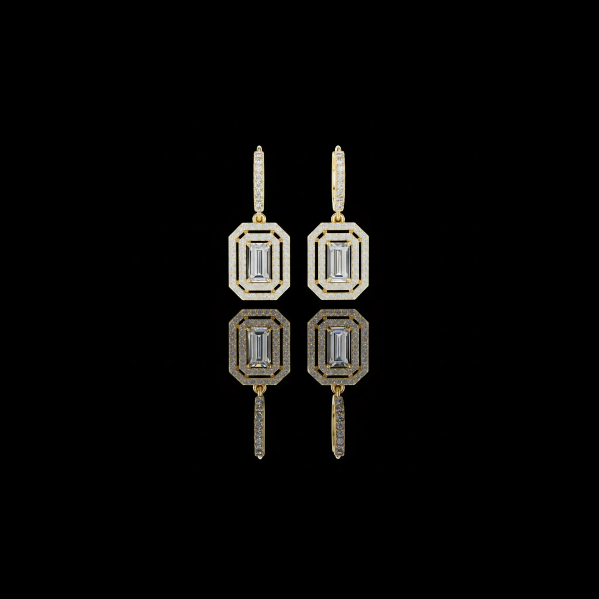 Art Deco Octagonal Double Halo Emerald Cut Lab Grown Diamond Huggie Drop Earrings
