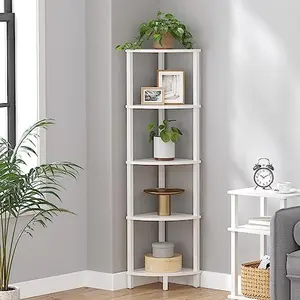 5-Tier Corner Shelf – Industrial Corner Ladder Bookshelf – Modern Display Shelf for Living Room, Bedroom, Kitchen, or Home Office – White