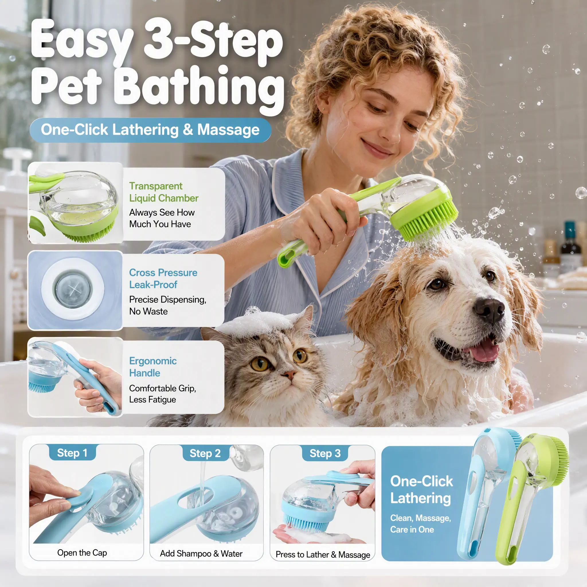 Shampoo Dispensing Dog Bath Brush Soft Silicone Pet Massage Comb Leak-Proof Puppy Cat Shower Grooming Cleaning Brush