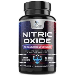Nature's Nutrition Edible Organic Unflavored Nitric Oxide Booster - 3X Strength L-Arginine & Citrulline Healthcare Supplement, Extra Strength, Supports Muscle Boost, Heart Health, Energy - USA-Bottled, 180 Capsules