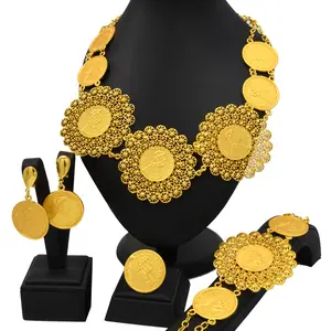 New Exaggerated And Fashionable Wedding Four-piece Set Necklace Bracelet Earring Ring  Gold Plated Jewelry For Women Festival Gifts Collection
