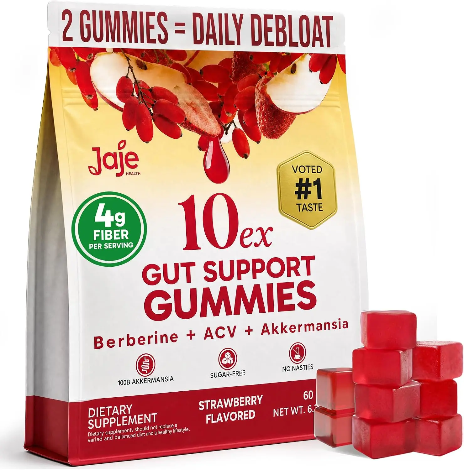 Jaje 10ex Gut Support Gummies with Probiotics & Prebiotic Fiber | Apple Cider Vinegar, Berberine & Akkermansia | Sugar Free, Vegan | Strawberry | 60 Gummies