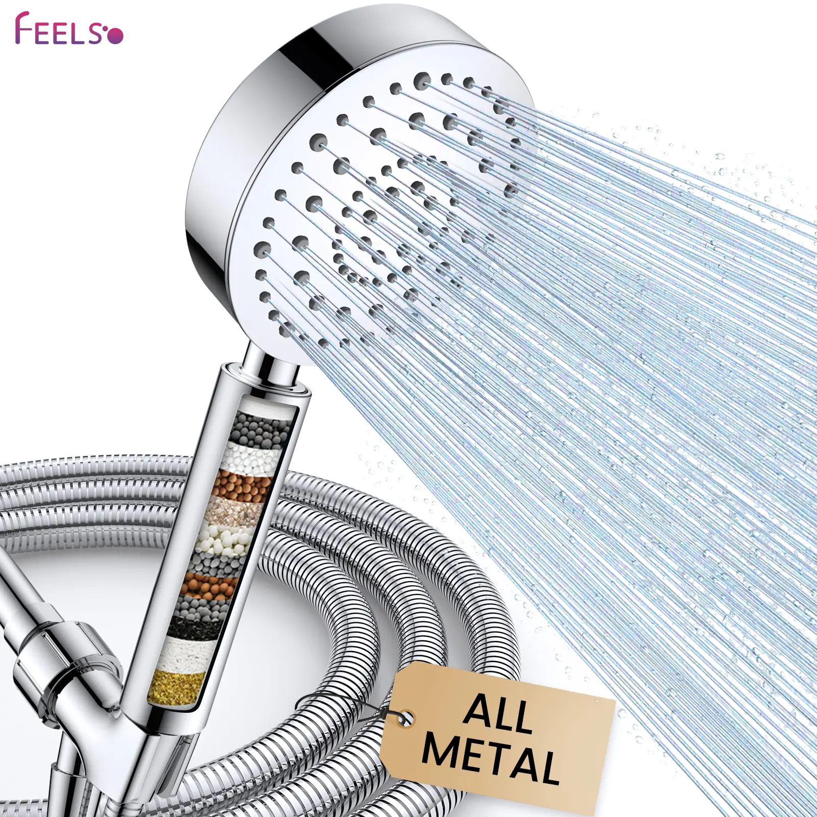 FEELSO Showers Solid Metal Handheld Shower Head with Filter,Hose and Brass Holder - CHROME - High Pressure Shower Heads with Adjustable Shower Wand Bracket - 6ft Flexible Extension