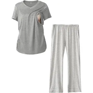 Women's 2-Pack V Neck Maternity Nursing Pajama Set - Postpartum Breastfeeding Sleepwear with Pockets