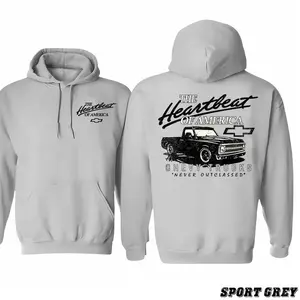 Chevrolet Heartbeat of America Hoodie – Sport Grey Chevy Truck Sweatshirt, Classic Vintage Pickup Graphic, Retro Car Lover Gift for Men