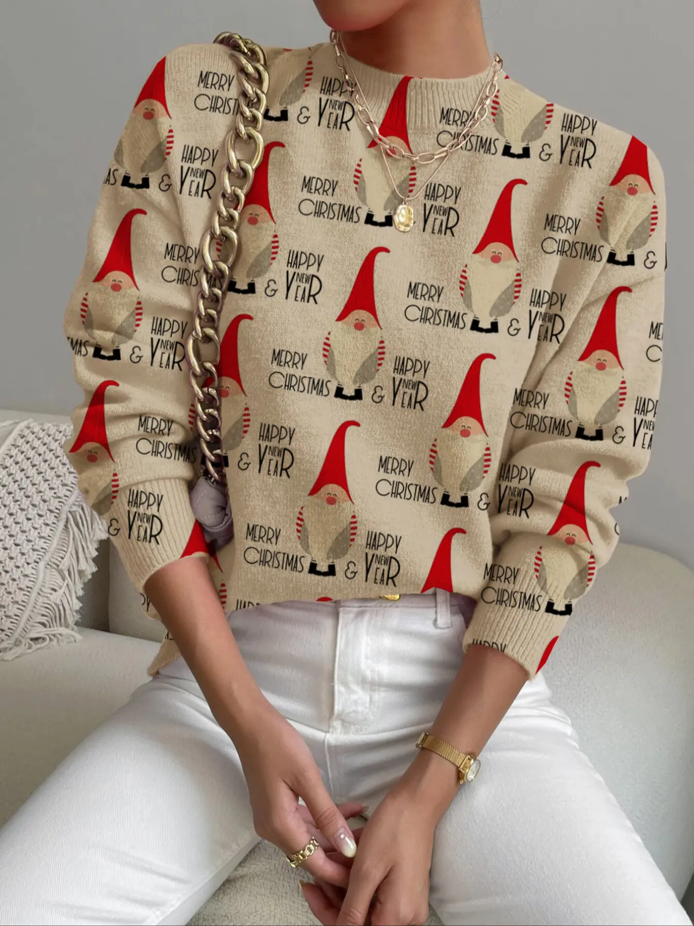 Women's Christmas Pattern Stand Collar Sweater, Fall Winter Casual Long Sleeve Knitwear, Comfortable Holiday Clothing for Festive Celebrations