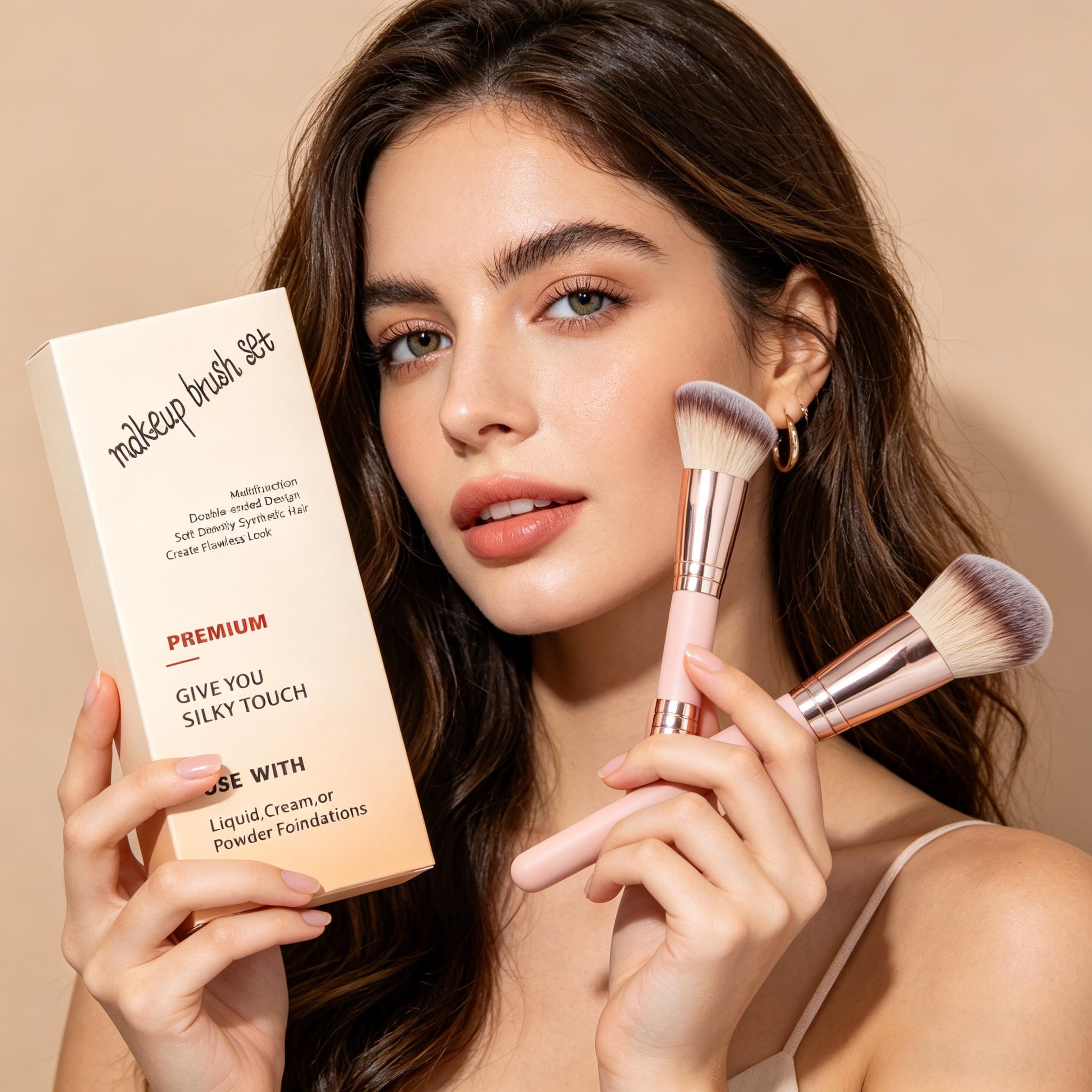 5Pcs Dual-Ended Foundation & Concealer Brushes Set, Angled Contour & Buffing Brushes, Portable Complete Face Makeup Brushes for Liquid, Cream, Powder