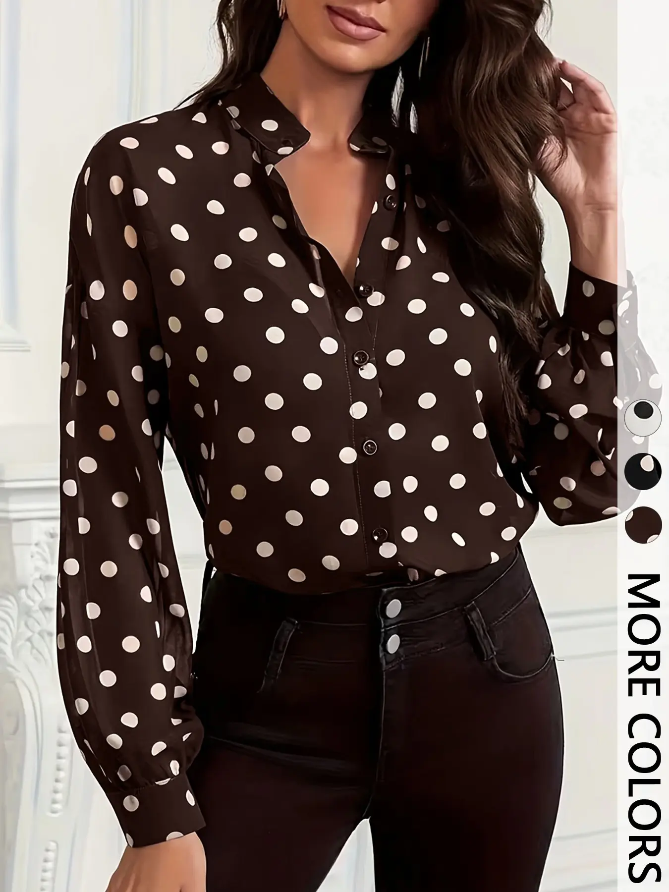 Elegant Aesthetic Polka Dot Women's Shirt Buttoned Collared Long Sleeve Fit V Neck Button Front Neckline Side Gathered Button Up Basic Top, Stylish Ladies' Blouse for Casual Wear