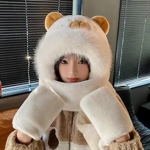 Unisex Thick Plush Cotton Plain Bear Hat Scarf Gloves Combination Set - Warm, Cozy, Versatile Winter Fashion Accessory with Adorability for Adults