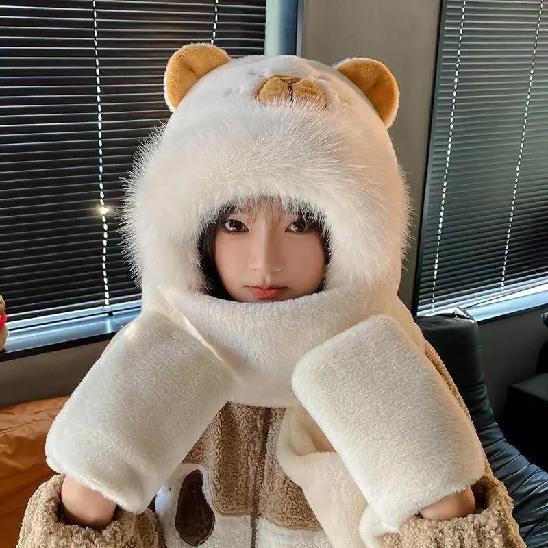 Unisex Thick Plush Cotton Plain Bear Hat Scarf Gloves Combination Set - Warm, Cozy, Versatile Winter Fashion Accessory with Adorability for Adults, Animal Hats, Thermal Hats